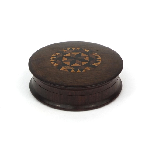 357 - Circular Victorian Tunbridge ware box, the lid inlaid with a geometric design, 7.5cm in diameter