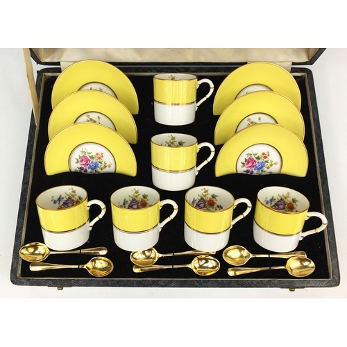 2094 - Set of six Royal Worcester Miranda coffee cans and saucers, with Walker & Hall Sheffield plated teas... 