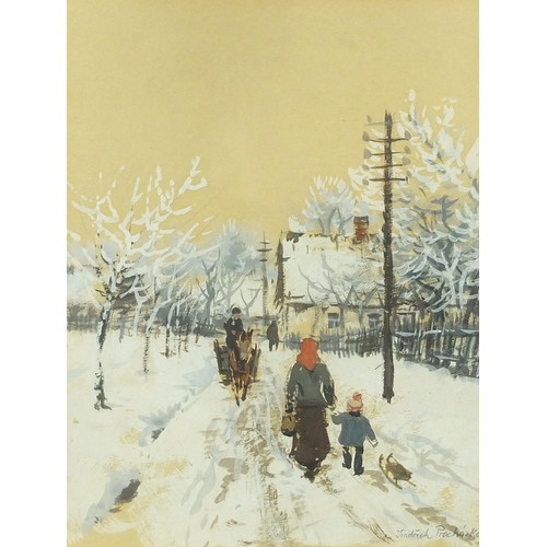 413 - Jindrinch Prochazka - Gouache figures on a snowy day, mounted and framed, 20cm x 15cm excluding the ... 