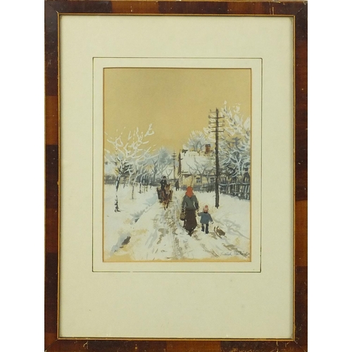 413 - Jindrinch Prochazka - Gouache figures on a snowy day, mounted and framed, 20cm x 15cm excluding the ... 