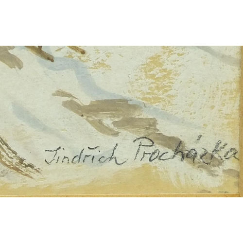 413 - Jindrinch Prochazka - Gouache figures on a snowy day, mounted and framed, 20cm x 15cm excluding the ... 