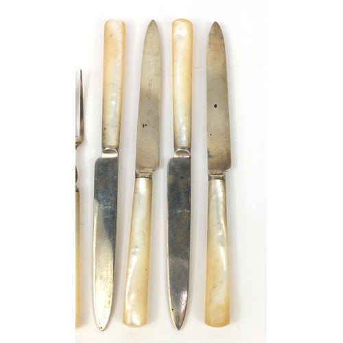 2413 - Set of four silver and mother of pearl fruit knives and forks, TL Sheffield 1910