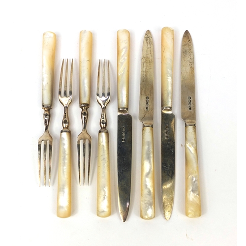 2413 - Set of four silver and mother of pearl fruit knives and forks, TL Sheffield 1910