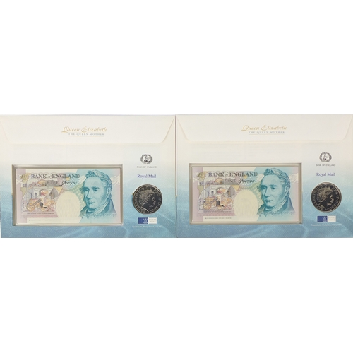 2762 - Two 2000 Queen Elizabeth The Queen Mother £5 note and coin cover, serial numbers QM10009195 and QM10... 