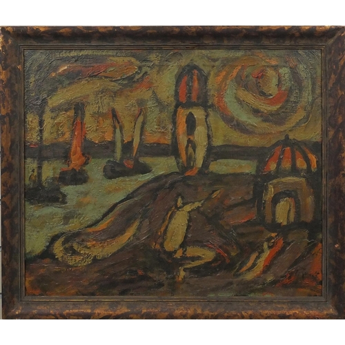 2147 - Oil onto canvas, surreal composition, boats on the water, bearing a signature G Rouaule, inscribed l... 