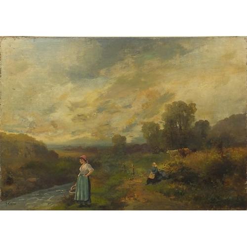 2351 - Irish school, oil on canvas, figures and cattle at a stream, bearing a signature J.Collier? 68cm x 5... 