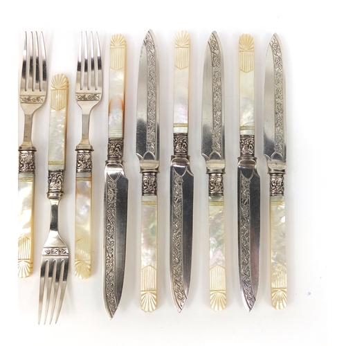 2481 - Set of six fish knives and forks with carved mother of pearl handles and a Victorian silver and moth... 