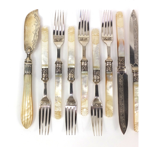 2481 - Set of six fish knives and forks with carved mother of pearl handles and a Victorian silver and moth... 