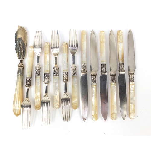 2481 - Set of six fish knives and forks with carved mother of pearl handles and a Victorian silver and moth... 