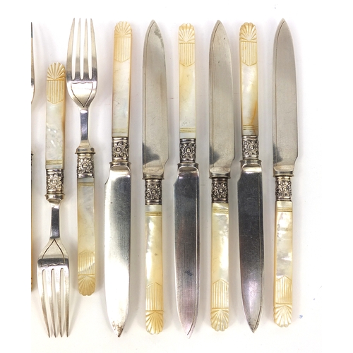 2481 - Set of six fish knives and forks with carved mother of pearl handles and a Victorian silver and moth... 