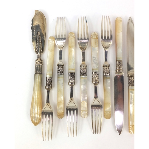 2481 - Set of six fish knives and forks with carved mother of pearl handles and a Victorian silver and moth... 