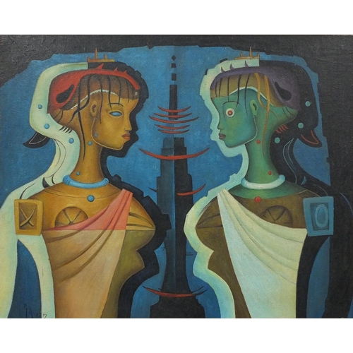 2215 - French surrealist school, oil onto board, two surreal figures, bearing a monogram G R, framed, 50cm ... 