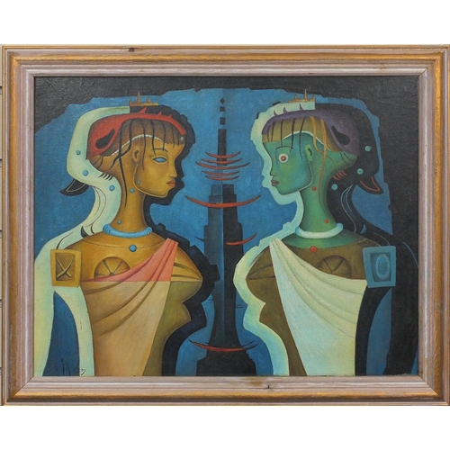 2215 - French surrealist school, oil onto board, two surreal figures, bearing a monogram G R, framed, 50cm ... 