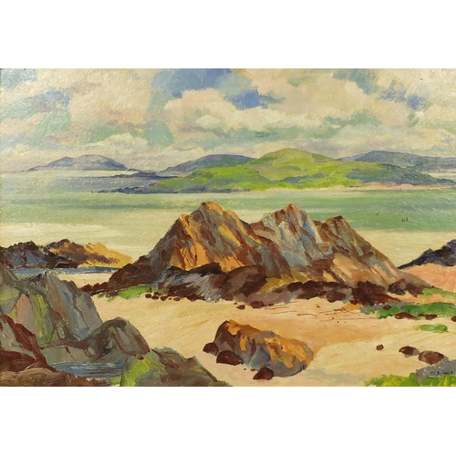 2282 - School of FC Cadell - Oil onto board, Iona coastal scene, signed, framed, 74cm x 51cm excluding the ... 