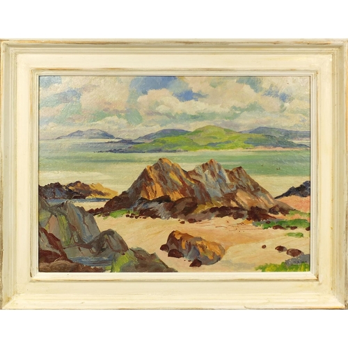 2282 - School of FC Cadell - Oil onto board, Iona coastal scene, signed, framed, 74cm x 51cm excluding the ... 