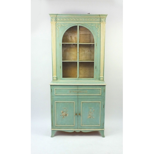 2004 - Georgian style green and cream painted bookcase fitted with a pair of glazed doors above two cupboar... 
