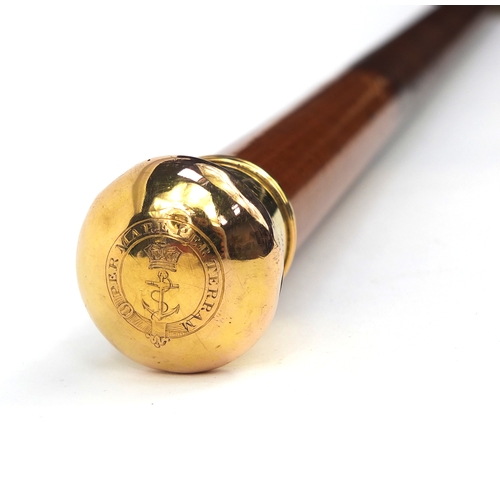 160 - 19th century Naval interest Malacca walking cane with continental gold pommel, engraved 'presented t... 