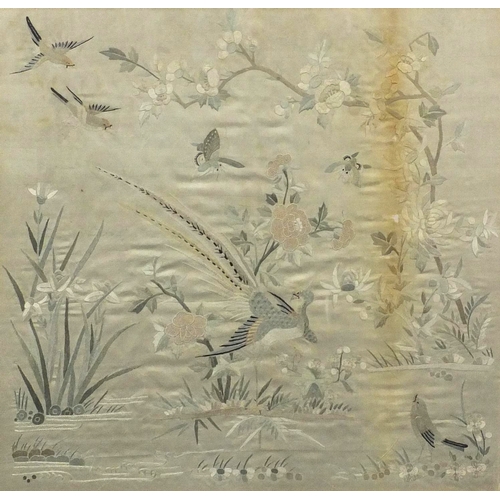 565 - Square Chinese silk panel embroidered with birds, insects and flowers, gilt framed, 47cm x 45cm excl... 