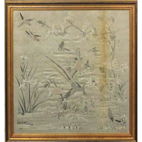 565 - Square Chinese silk panel embroidered with birds, insects and flowers, gilt framed, 47cm x 45cm excl... 