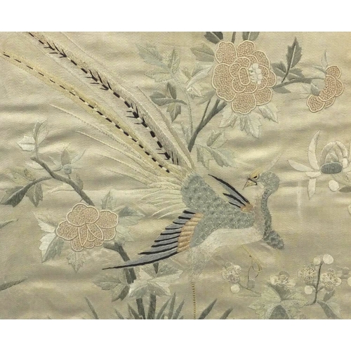 565 - Square Chinese silk panel embroidered with birds, insects and flowers, gilt framed, 47cm x 45cm excl... 