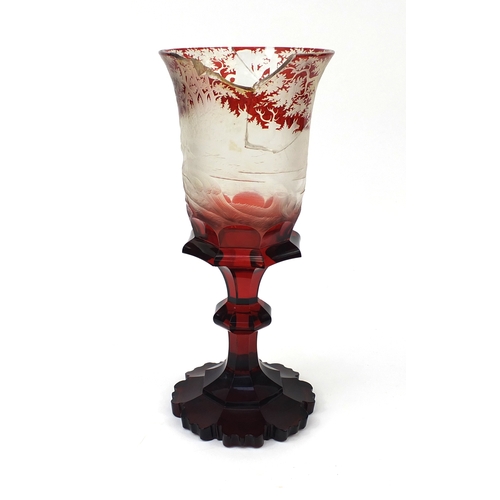 726 - Large 19th century Bohemian ruby flashed glass goblet vase and cover, etched with a stag in a contin... 