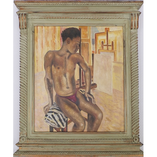 2345 - Oil onto board semi-nude male model, bearing a monogram SJ?, ornately framed, 60cm x 49cm excluding ... 