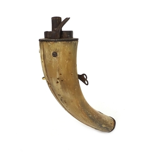 635 - Turkish ottoman horn powder flask the iron mounts with  gilt chased script, 24cm in length