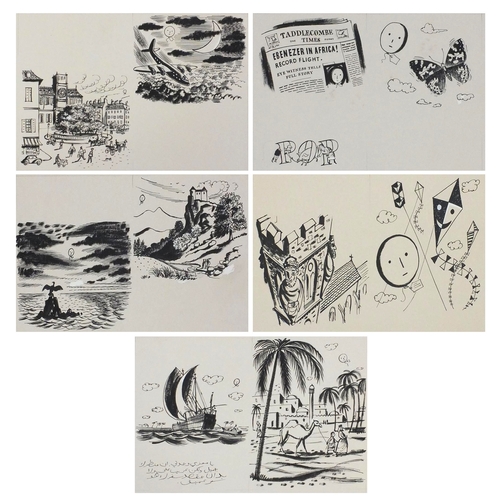 1143 - Leslie Wood - Five unframed ink illustrations onto card, Ebenezer The Big Balloon (Childrens book by... 