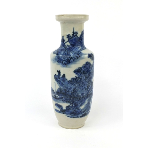 447 - Chinese blue and white rouleau vase, hand painted with a river landscape, four figure character mark... 