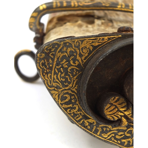 635 - Turkish ottoman horn powder flask the iron mounts with  gilt chased script, 24cm in length