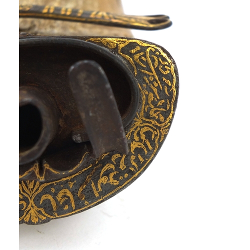 635 - Turkish ottoman horn powder flask the iron mounts with  gilt chased script, 24cm in length