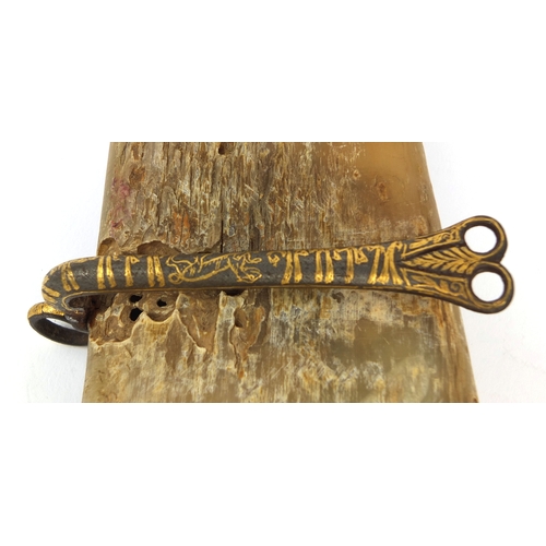 635 - Turkish ottoman horn powder flask the iron mounts with  gilt chased script, 24cm in length