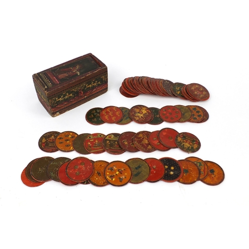 617A - Rectangular Indian box housing a collection of circular lacquered gaming tokens, each hand painted w... 
