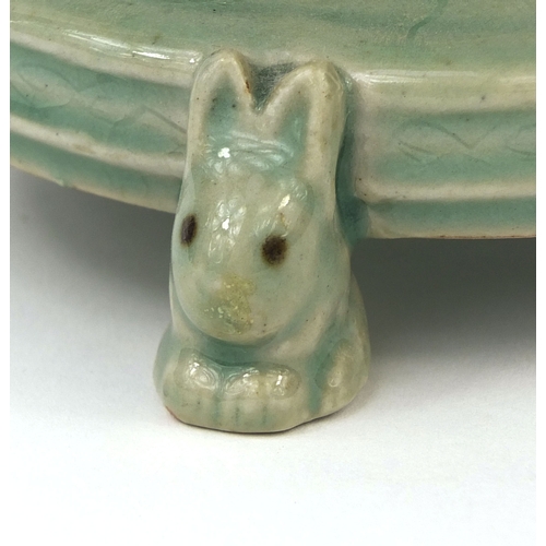 461a - Oriental celadon glazed pottery incense burner of naturalistic form, marks to the base, 18cm high