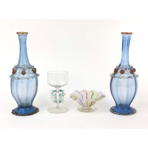 732a - Glassware including a pair of bottle vases with applied decoration and a cup with stylised stem, the... 