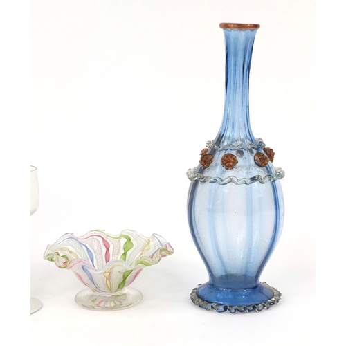 732a - Glassware including a pair of bottle vases with applied decoration and a cup with stylised stem, the... 