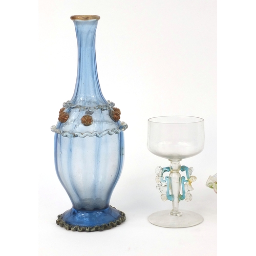 732a - Glassware including a pair of bottle vases with applied decoration and a cup with stylised stem, the... 