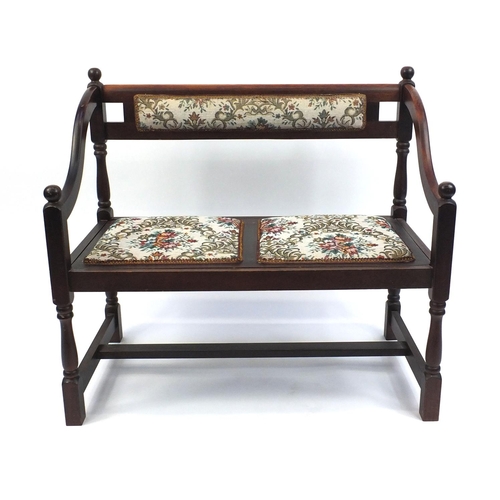 6 - Mahogany framed two seater hall bench with upholstered back and seats, 87cm high x 97cm wide