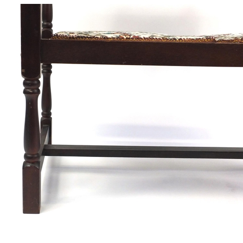 6 - Mahogany framed two seater hall bench with upholstered back and seats, 87cm high x 97cm wide