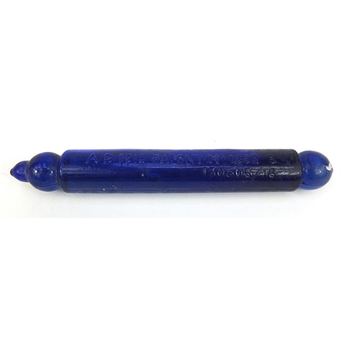 364 - Blue glass Minimax fire grenade, 21cm long