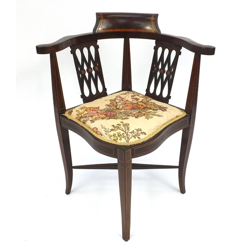 35 - Edwardian inlaid mahogany corner chair with needlepoint upholstered seat, 77cm high
