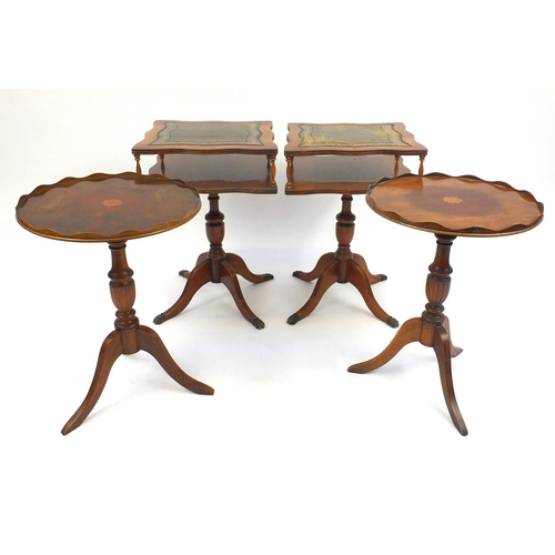 24 - Pair of shaped yew occasional tables with tooled leather tops and two inlaid mahogany tripod occasio... 