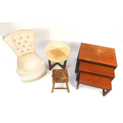 92 - Occasional furniture comprising nest of three teak tables, G-plan style stool, button back bedroom c... 