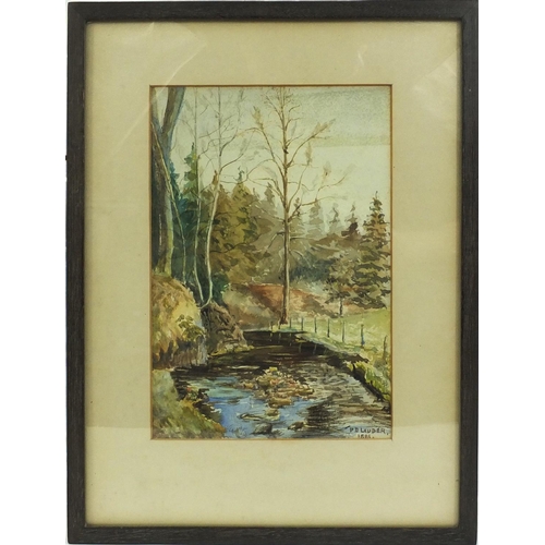 390 - P D Lauder 1881 - Watercolour, stream through woodland, label to the reverse, near Auchlerhouse, 25c... 