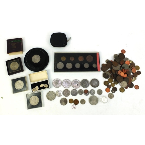 398 - Box of assorted World coins including a silver proof one pound coin, three five pound coins and othe... 