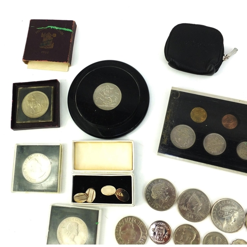 398 - Box of assorted World coins including a silver proof one pound coin, three five pound coins and othe... 