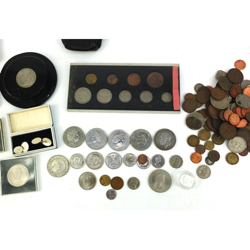 398 - Box of assorted World coins including a silver proof one pound coin, three five pound coins and othe... 