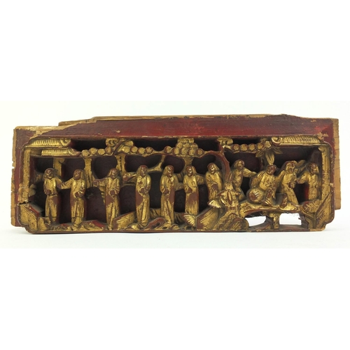 382 - Oriental gilt wood panel carved with figures, 39cm long