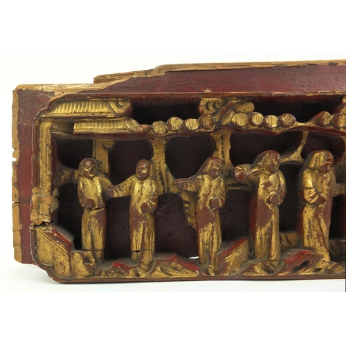 382 - Oriental gilt wood panel carved with figures, 39cm long