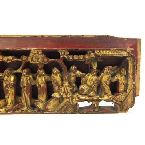 382 - Oriental gilt wood panel carved with figures, 39cm long